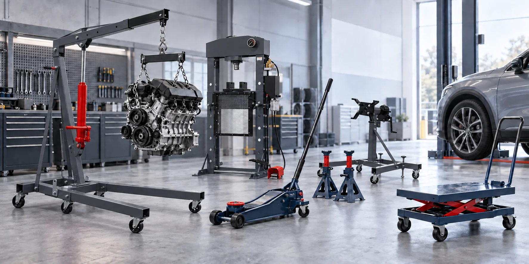 Illustrative automotive workshop scene showing workshop equipment