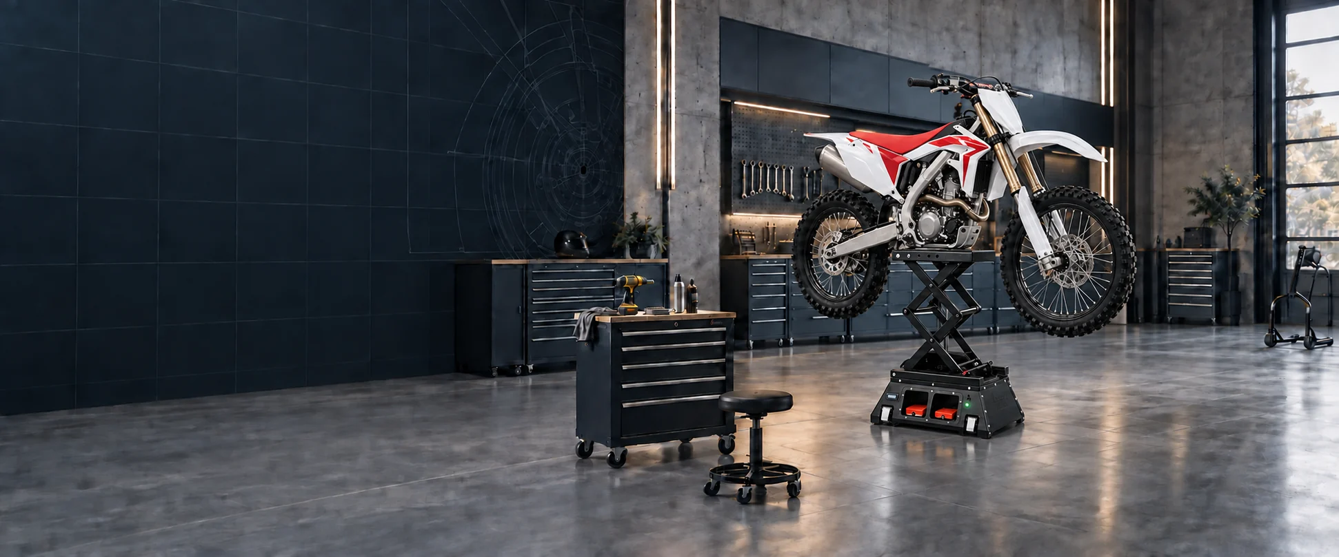 Illustrative motorcycle repair workshop scene